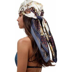 Women's Navy/Gold Head Scarf Like Silk Printed Square Hair Bandanas 35 Inches